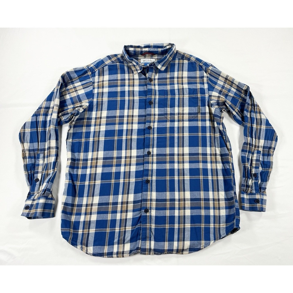 Columbia Vapor Ridge III Men's L Plaid Long Sleeve Button Down Shirt Blue Hiking